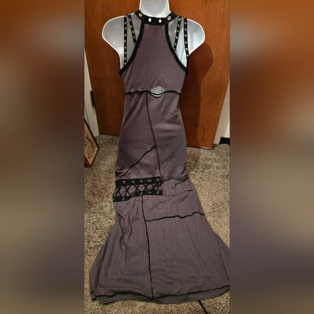 Cray Edgy Gray & Black Cotton Lace Studded Corset Details Dress SzL - Picture 7 of 15